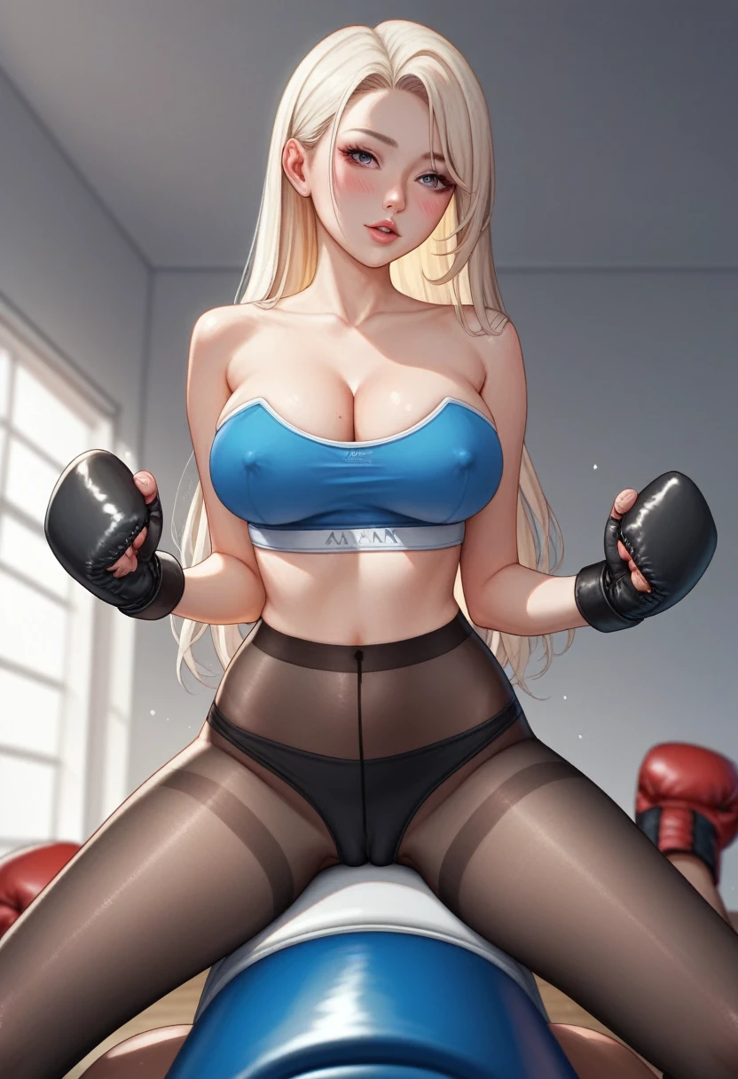 A slim Korean beauty,，Good shape，Pretty Face，detailed picture, blush，White long hair, Wearing a strapless sports bra, Wearing black tights, Wearing black UFC boxing gloves, Alone and riding on the opponent in a sexy position，Large Breasts,Cleavage,Thin legs，nipple，Camel toe