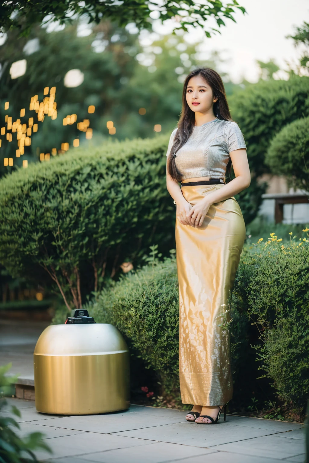 Asian woman long hair in a gold Indonesia batik long skirt and Indonesia batik black shirt, ((standing in garden park:1.5)), Beautiful Body, traditional beauty, wearing beautiful Indonesia batik clothes, Indonesia batik traditional dress, acmm ss outfit, acmm long skirt, wearing acmm top, high heel, very attractive and beautiful, with lovely look, traditional clothes, very beautiful enga style, (((full body:2))), ((front view:1.5)), (((DSLR bokeh blur background to highlight portrait view:1.5))), (((evening lighting with golden sunlight1.5))), (cinematic enhance HDR portrait lighting, perfect anatomy, cannon mark v, cinematic quality, vibrant HDR color, (perfect anatomy), (perfect toes), (realistic hand shape), (perfect hands), (detailed hands), (perfect toes), (detailed toes), (perfect high heel),
