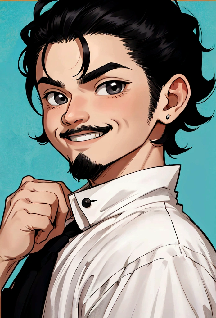 white Young boy, medium stray black hair, Goatee, round face, smiling , chibi style , cartoon