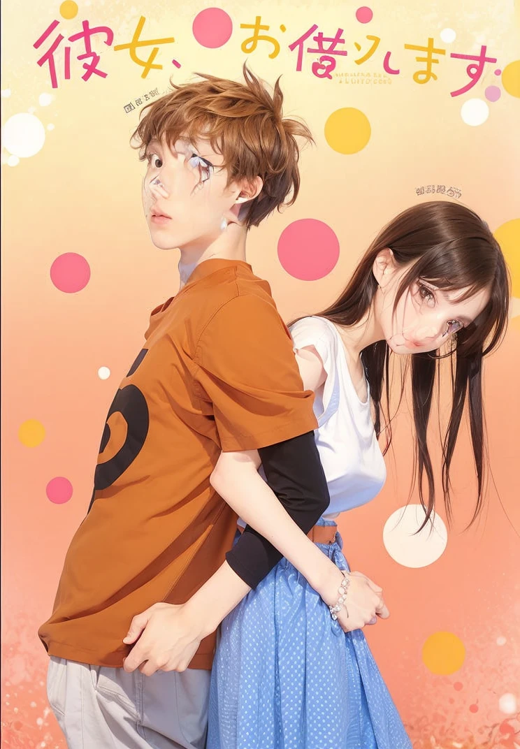 Young man with brown hair and brown eyes and orange t-shirt, along with a girl with black hair, brown eyes and white clothes with a blue dress