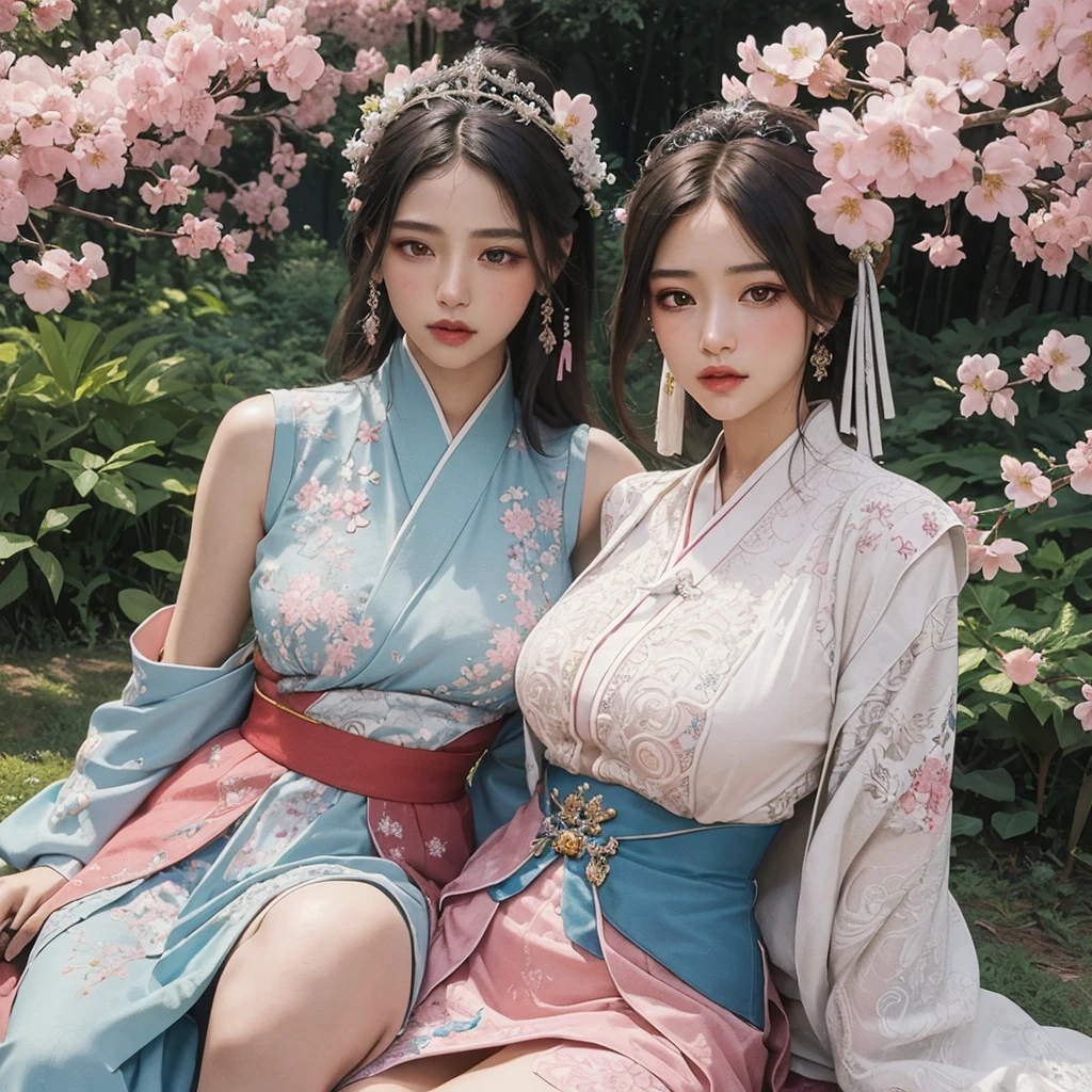 Blue sky and white clouds,Yunshan Garden,Pink flowers,cherry blossoms,Woman in Hanfu,phoenix crown tiara、Carefully embroidered、Wearing Hanfu Pantyhose、Wearing sleeveless Hanfu、The transparency is clearly visible、Behold, Size too big、Big Breasts、born,(8K、quality、masterpiece:1.8)、(Intricate details:1.8)、(realism:1.8)、Octane Rendering、Complex 3D rendering with ultra-detail, Studio Soft Light, Edge Light, Vivid details, Super Detail, Realistic skin texture, Detailed aspect, Beautiful Eyes, Highly detailed CG Unity 16k wallpaper, cosmetics, (Detailed Background:2.0), ((Camel Toe)), ((The shape of the pubic hair is clearly visible)), ((Conspicuous posture)), (Full body image),,Skin glows、Spread your legs,Camel toe to show off your thighs!!!、