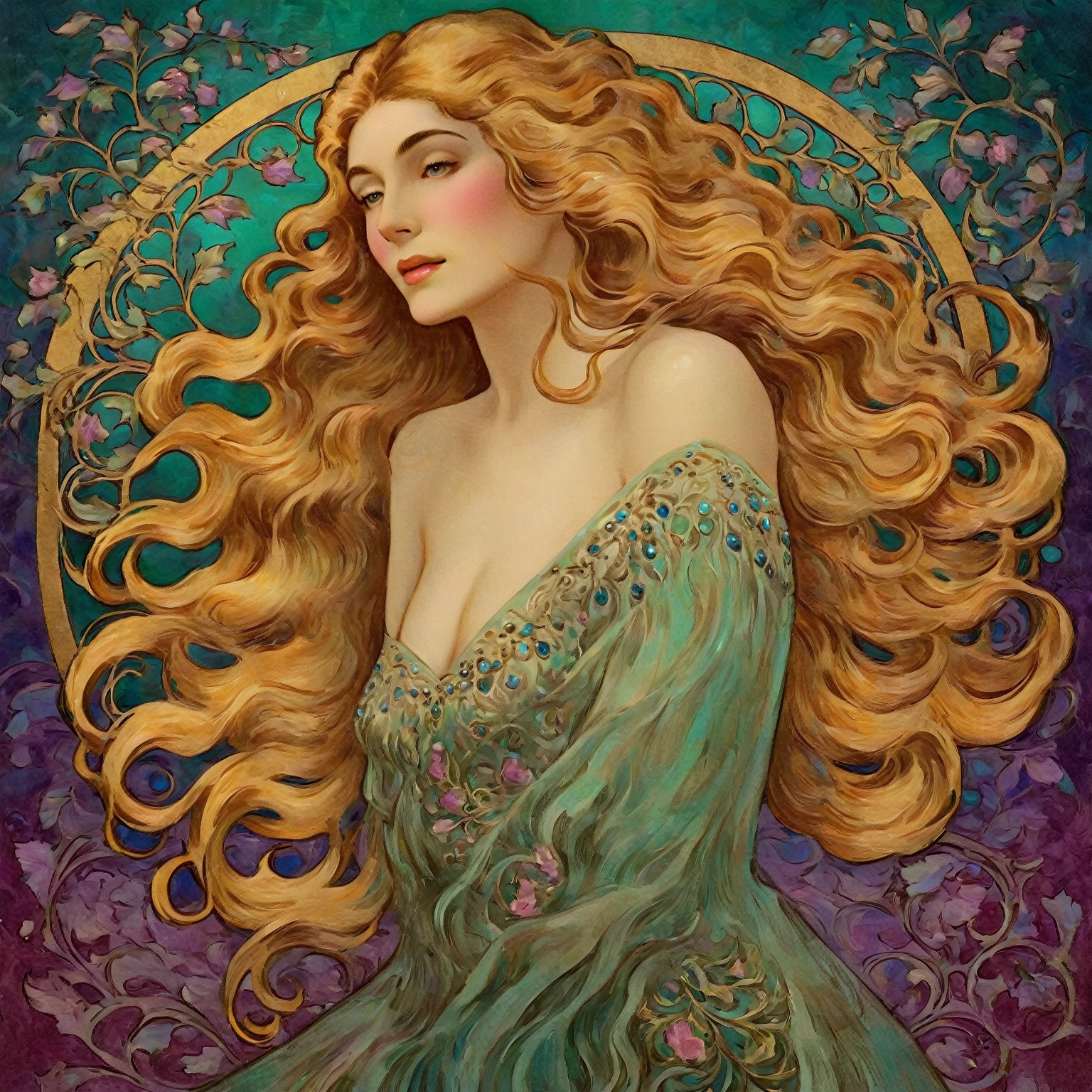 a woman with flowing hair, art nouveau, photorealistic, detailed facial features, high quality, intricate details, lush colors, dramatic lighting, ornate background, elegant pose, soft focused, jewel tones, ethereal atmosphere