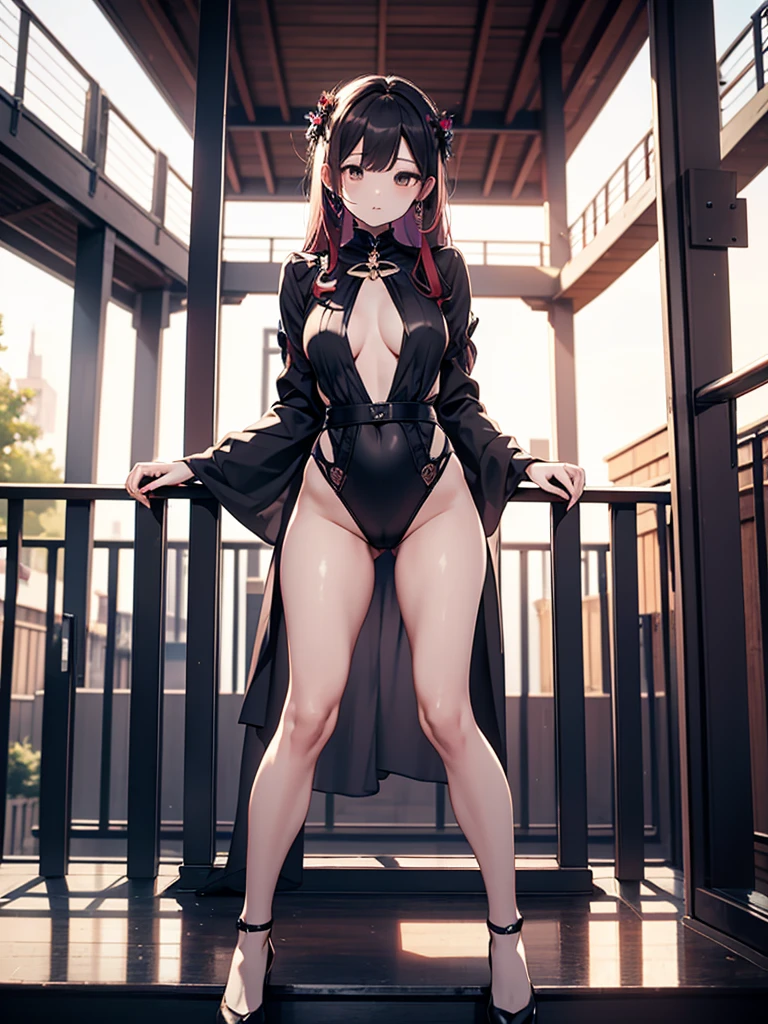 masterpiece, Highest quality, 8K, Straddle the railing:1.3, Close your legs, standing