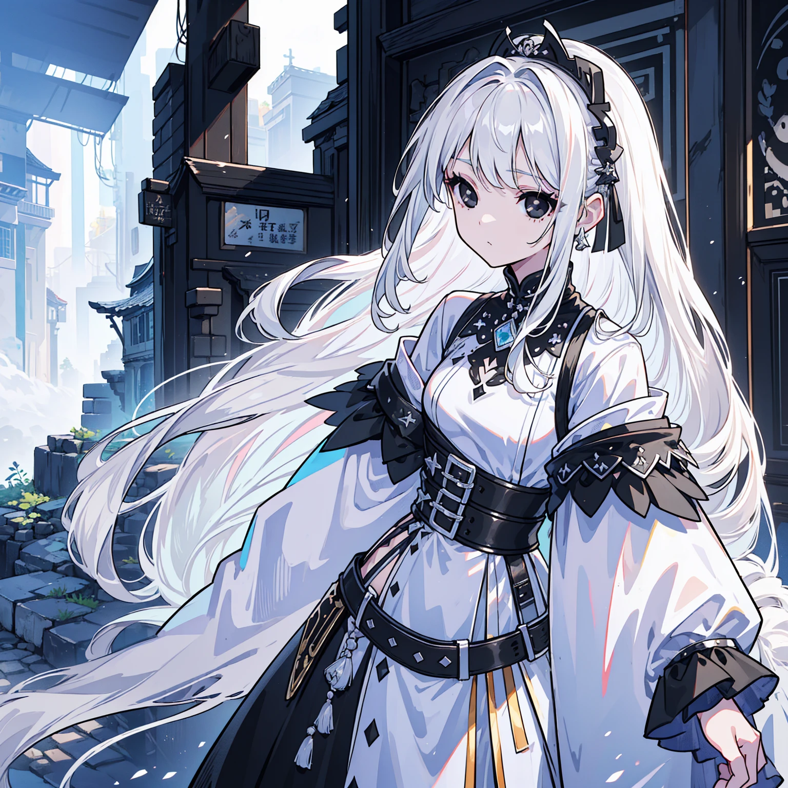 (Top image quality)、(Ultra Detailed)、(Facing forward)、top quality、masterpiece、(((1 girl)))、Silver Hair、white hair、((Long hair))、(black eyes:1.6)