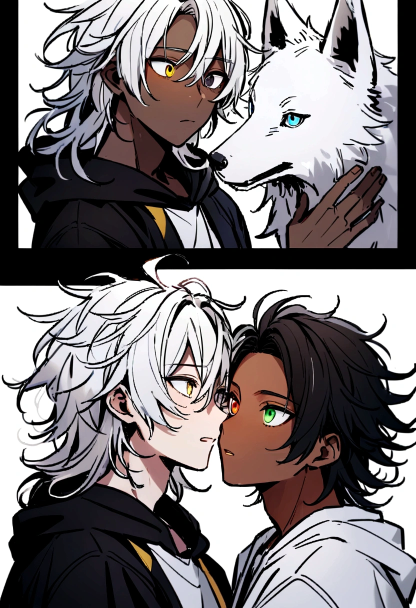 white  shirt, wearing a black hoodie , yellow and black eyes heterochromia, expression of surprise, Messy hair , Medium length hair , 1 men , multicolored black and white hair , two tone hair , dark skin color , with a white wolf , the two looking at each other 