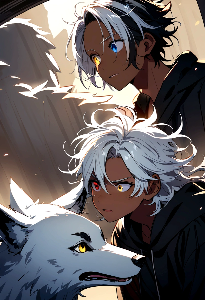 white shirt, wearing a black hoodie , yellow and black eyes heterochromia, expression of surprise, Messy hair , Medium length hair , 1 men , multicolored black and white hair , two tone hair , dark skin color , with a white wolf , the two looking at each other