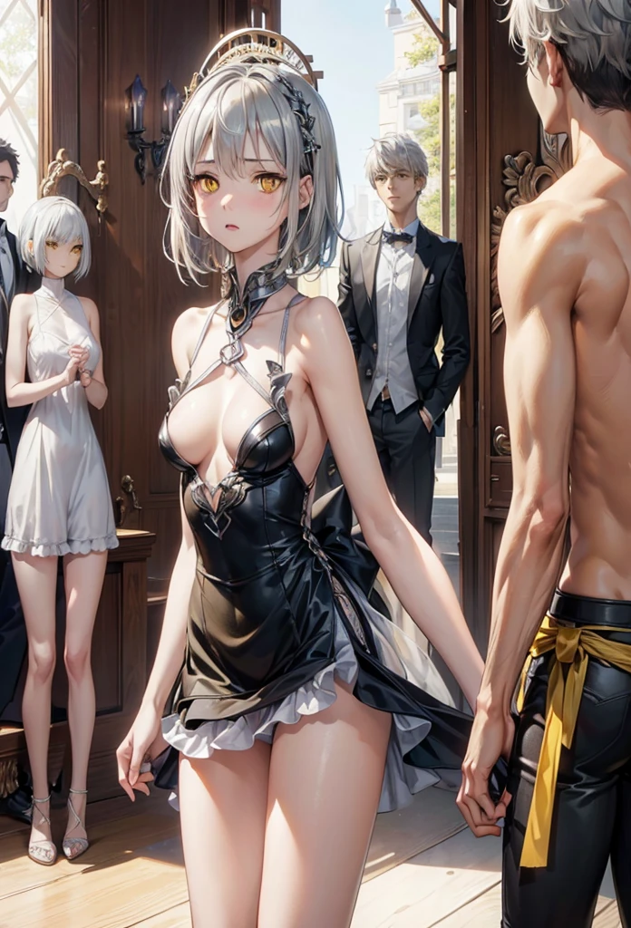Highest quality,High resolution,HDR, 8k hd,The finer details,Exact number of legs,Exact number of arms,(Perfect Anatomy), (Accurate body),(Perfect hands),Absurd,(men and women:1.5),(Female:1.5),(Silver short hair:1.5),(Yellow Eyes:1.5),Young girl,Anime-style images, Smooth anime CG art, Enchanting girl, Beautiful and attractive ,Beautiful breasts, (Mid-chest),(Sulky look)