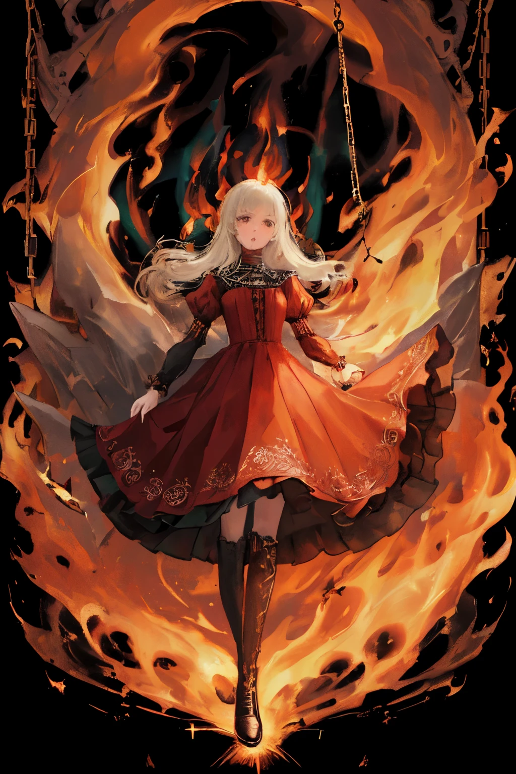 ((Finest quality)),(超A high resolution),(ultra-detailliert),(Meticulous portrayal),((Best Anime)),(Finest works of art),(Ultra-Precision Art),(The art of astounding depiction,Overwhelming depiction:1.5),(intricate and detailed art:1.6), (adult woman:1.5),(Hanging:1.6),Staring at this:1.4,sneering:1.5,(Armor shaped like a skeleton:1.3), (Black Flame:1.5), terrifying, nightmarish, cosmic horror, a heavenly female knight, biblical, very skinny, detailed, best quality, prominent collarbones, skinny arms, flat stomach, visible hip bones, dynamic poses, full body, red and white clothing, occult aesthetic, occult, detailed and intricate steampunk and detailed gothic, Fluttering lace flared long knee length dress with frilly petticoats, knee length dress, pleated petticoats, petticoats gothic, complex lace boots, gothic aesthetic, wielding a mighty sword with mechanical components, mandalas, full body, whole body, body, chains,