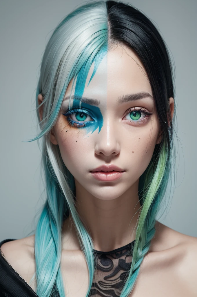 Caucasian woman with vitiligo, heterochromia one eye blue the other green, straight black hair