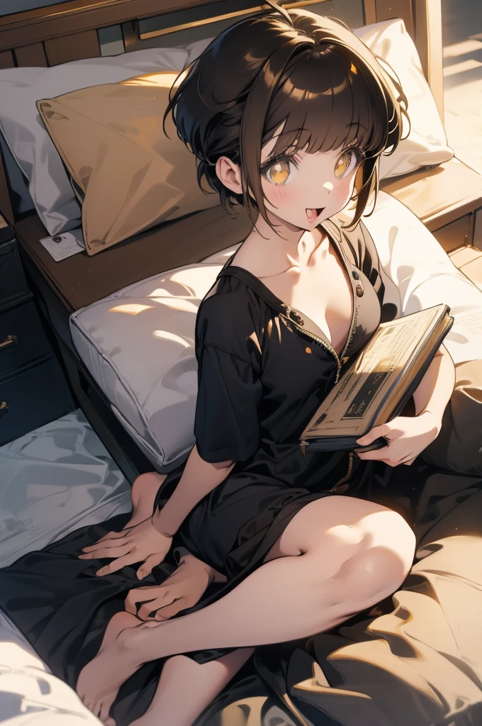 (masterpiece), short hair, brown hair, golden eyes, smile, pajamas, ahoge, open mouth, barefoot, pillow, black hair, on stomach, short hair, bed, lying, book, onesie