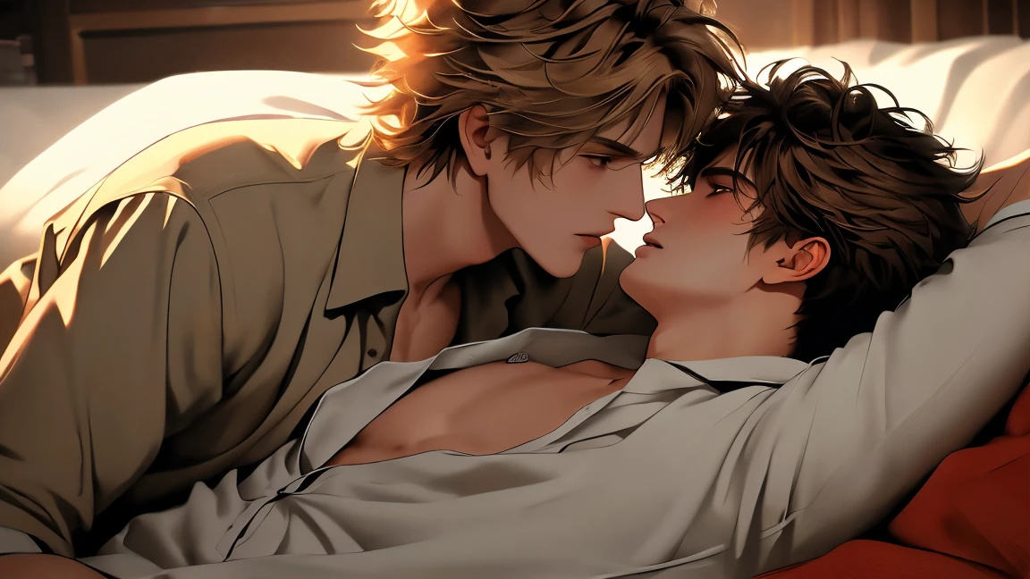 8K, Highest quality, masterpiece, Super detailed, Ultra-high resolution, on the bed, Midnight, (1 man and 1 boy), love each other, Male, Sweet atmosphere, 1 man is messy hair, oily hair, brown hair, ??????????, 1 boy is crew cut, dry hair , blonde hair, loose fitting
