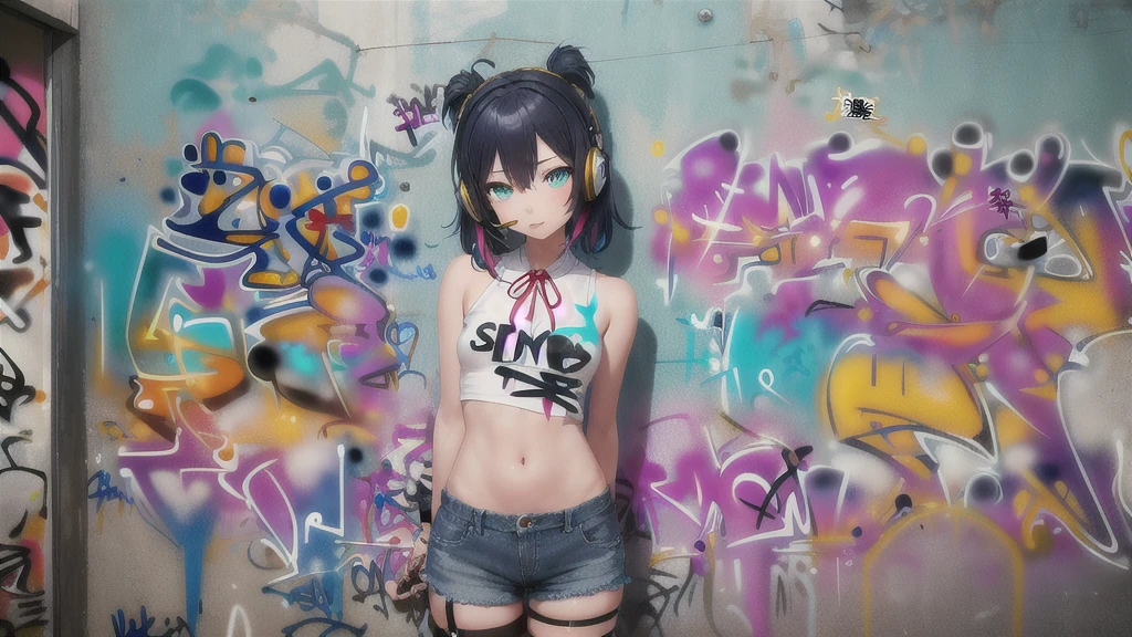 ​masterpiece, best quality, 1 girl, alone, Short top, Jeans-Shorts, neck ribbon, (Graffiti:1.5), paint splatters, Arms behind the back, ????????????????, Viewers look at, 手链, thigh strap, Color on the body, Head tilt, bored, multi-colored hair, aqua eyes, Headset,