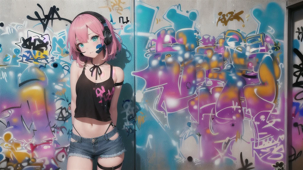 masterpiece, best quality, 1 girl, alone, Short top, Jeans-Shorts, neck ribbon, (Graffiti:1.5), paint splatters, Arms behind the back, against the wall, Viewers look at, 手链, thigh strap, Color on the body, Head tilt, bored, multi-colored hair, aqua eyes, Headset,