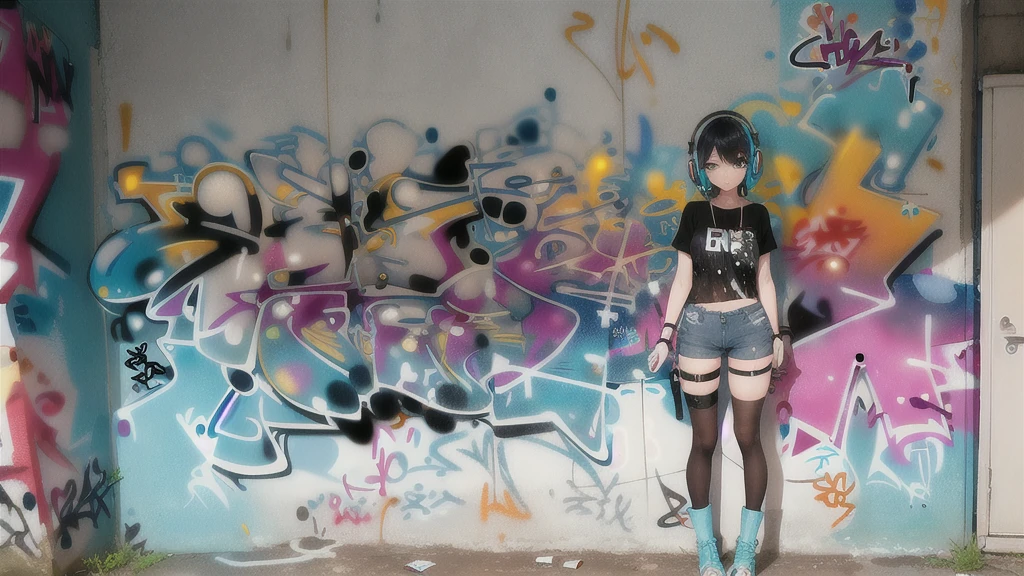 ​masterpiece, best quality, 1 girl, alone, Short top, Jeans-Shorts, neck ribbon, (Graffiti:1.5), paint splatters, Arms behind the back, against the wall, Viewers look at, 手链, thigh strap, Color on the body, Head tilt, bored, multi-colored hair, aqua eyes, Headset,