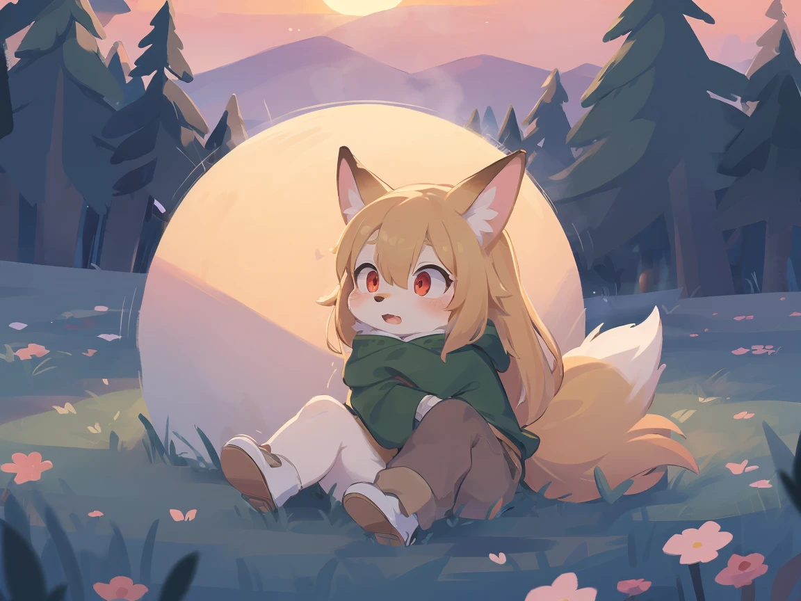 loli the fox, , was hairy, shaggy, skin fur, smooth lashes, golden fur, forelimb hands, straight long blonde hair, solid circle eyes, golden ears, golden fur, golden facial fur, shiny hair, red eyes, super cute face, 1fox tail, fluffy tail, furry tail, glowing eyes, green coat green hood down, brown trousers, open mouth, embarrassed, ambient light, ultra-fine fur, dashed eyes, masterpiece, high quality, high-details, best quality, (((solo))), twilight, sun light, red sky, rim light