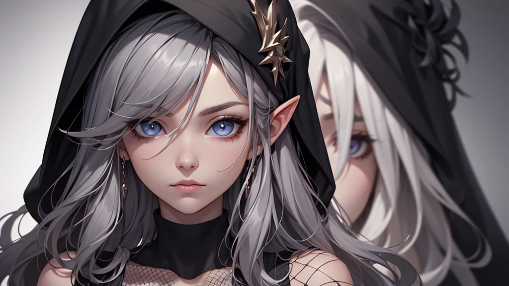 White elf girl, dark grey hair colour, very long flowing hair, grey eye colour, small eyes, Round eye shape, eyeliner, Realistic face shape. black shirt, portrait, wears a black hood, black backdrop, depth of field. look into the camera, dreamy look detailed eyes, detailed face, detailed skin, extremely detail, beautiful and aesthetic, ​masterpiece, best quality, Show shoulders. Fishnet fabric, round chin shape. wear a black hood over your hair. shows the entire upper body and face. wears a black hood, lots of flairs in the background, zoomed out, Black and white. glowing,