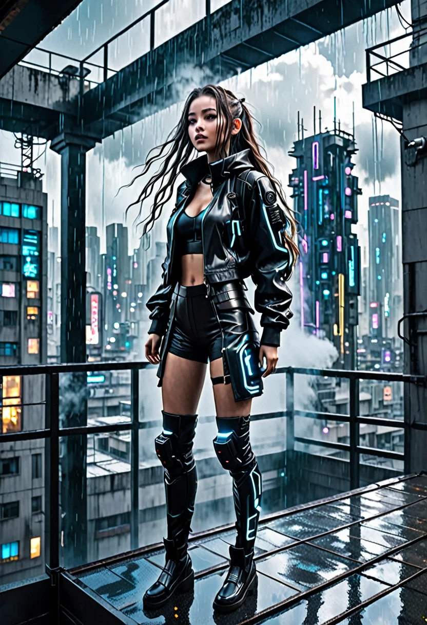 Cyberpunk city building rooftop。The weather is rainy。A , beautiful girl with long hair dressed in a futuristic outfit is about to jump off a building。
Steam-like vapor wafts from the buildings in the city.
