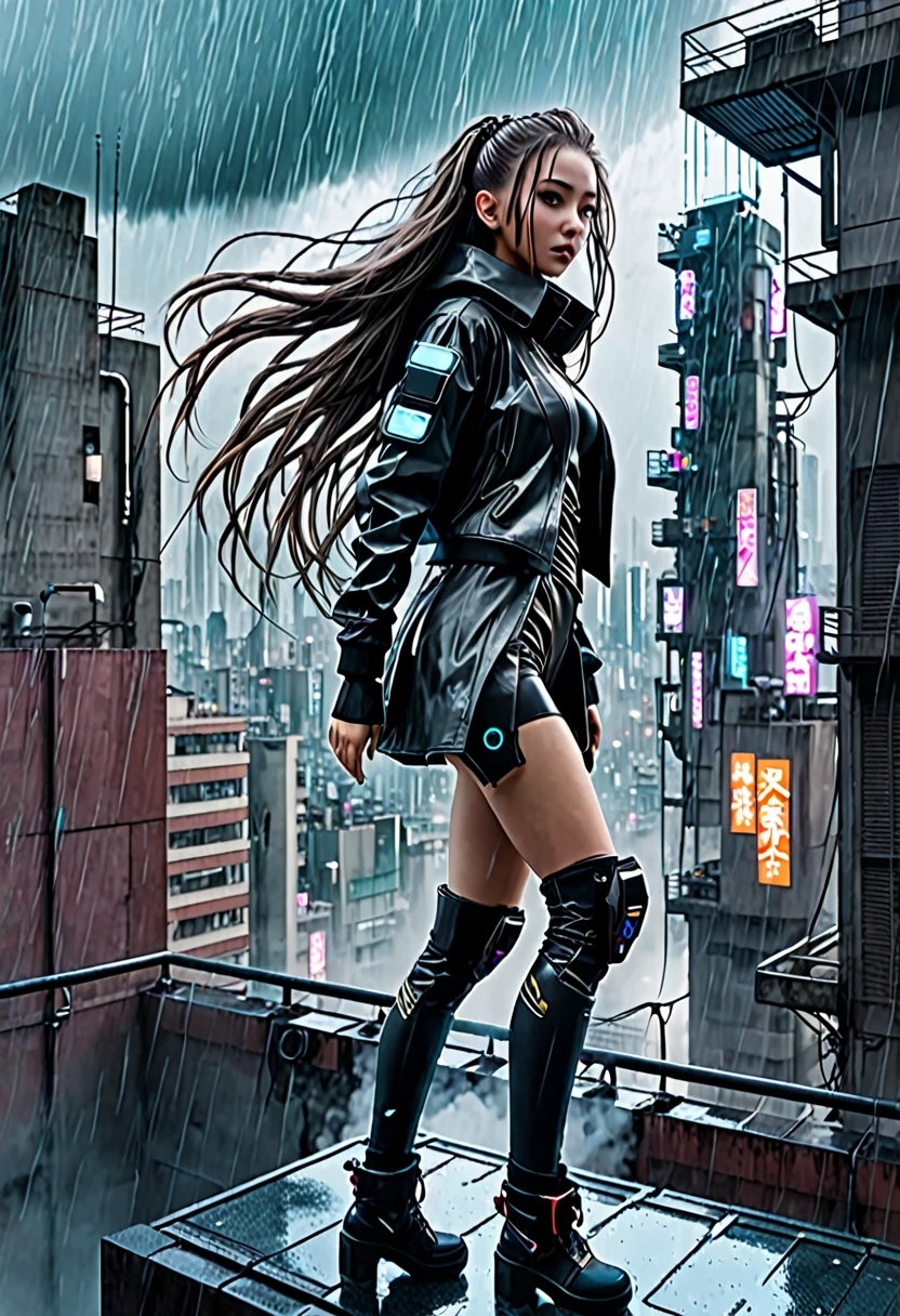 Cyberpunk city building rooftop。The weather is rainy。A small, beautiful girl with long hair dressed in a futuristic outfit is about to jump off a building。
Steam-like vapor wafts from the buildings in the city.
