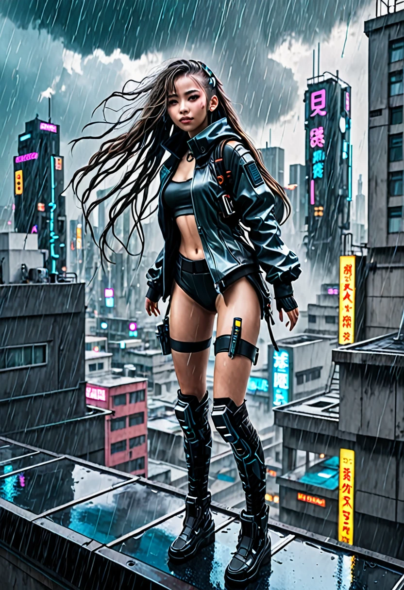 Cyberpunk city building rooftop。The weather is rainy。A , beautiful girl with long hair dressed in a futuristic outfit is about to jump off a building。
Steam-like vapor wafts from the buildings in the city.