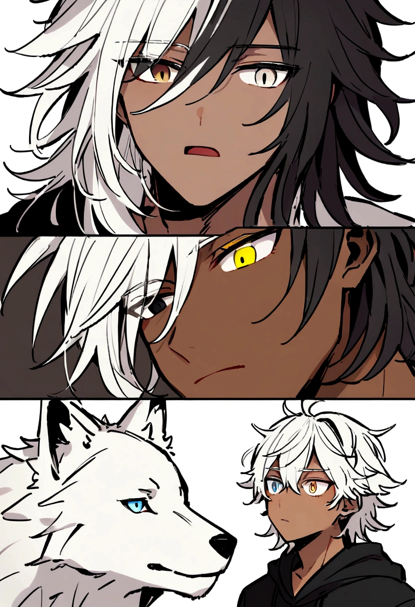 white  shirt, wearing a black hoodie , yellow and black eyes heterochromia, expression of surprise, Messy hair , Medium length hair , 1 men , multicolored black and white hair , two tone hair , dark skin color , with a white wolf , the two staring at each other and just the wolf and the character, no one else