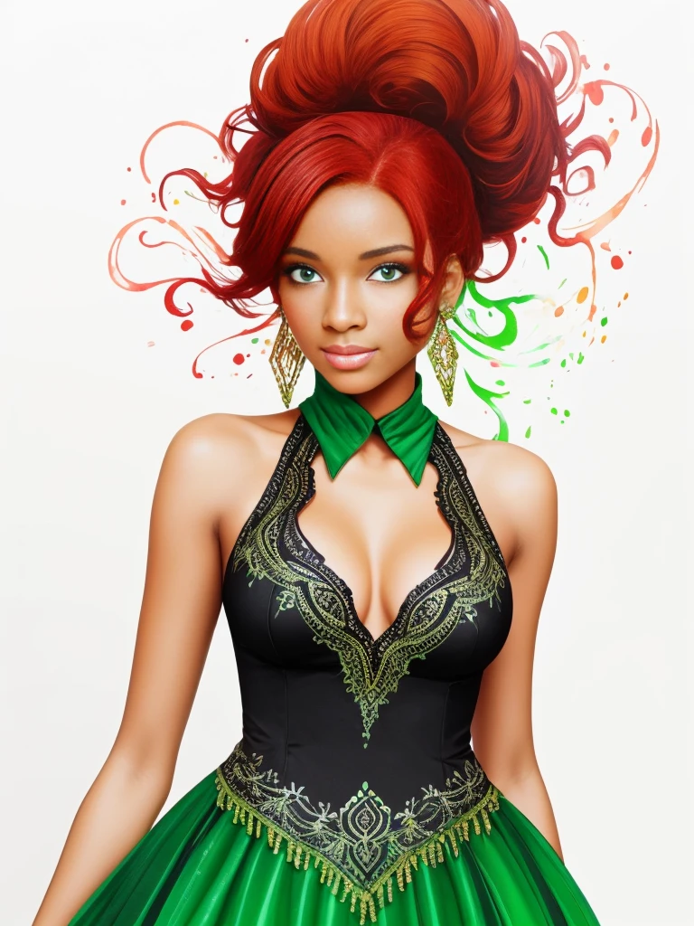 Black woman with red hair and bright green eyes, Wear elegant party clothes, Scattered outlines and white background, Intricate details, Modest, watercolor, splash