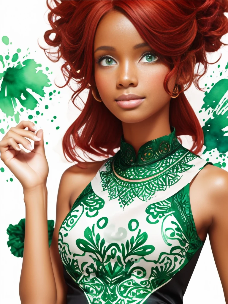 Black woman with red hair and bright green eyes, Wear elegant party clothes, Scattered outlines and white background, Intricate details, Modest, watercolor, splash