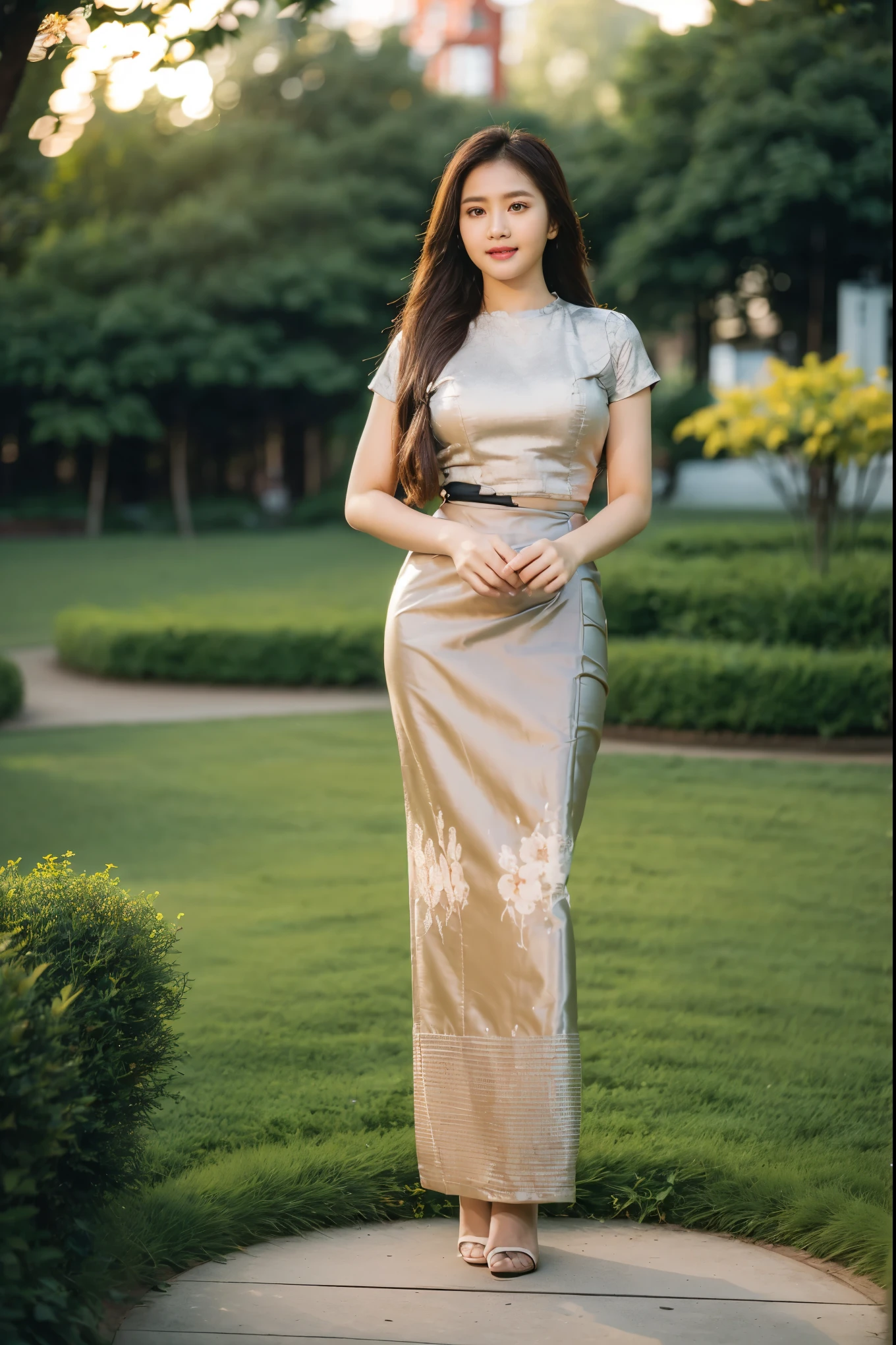 Asian woman long hair in a gold Indonesia batik long skirt and Indonesia batik black shirt, ((standing in garden park:1.5)), Beautiful Body, traditional beauty, wearing beautiful Indonesia batik clothes, Indonesia batik traditional dress, acmm ss outfit, acmm long skirt, wearing acmm top, high heel, very attractive and beautiful, with lovely look, traditional clothes, very beautiful enga style, (((full body:2))), ((front view:1.5)), (((DSLR bokeh blur background to highlight portrait view:1.5))), (((evening lighting with golden sunlight1.5))), (cinematic enhance HDR portrait lighting, perfect anatomy, cannon mark v, DSLR quality, vibrant HDR color, (perfect anatomy), (perfect toes), (realistic hand shape), (perfect hands), (detailed hands), (perfect toes), (detailed toes), (perfect high heel),