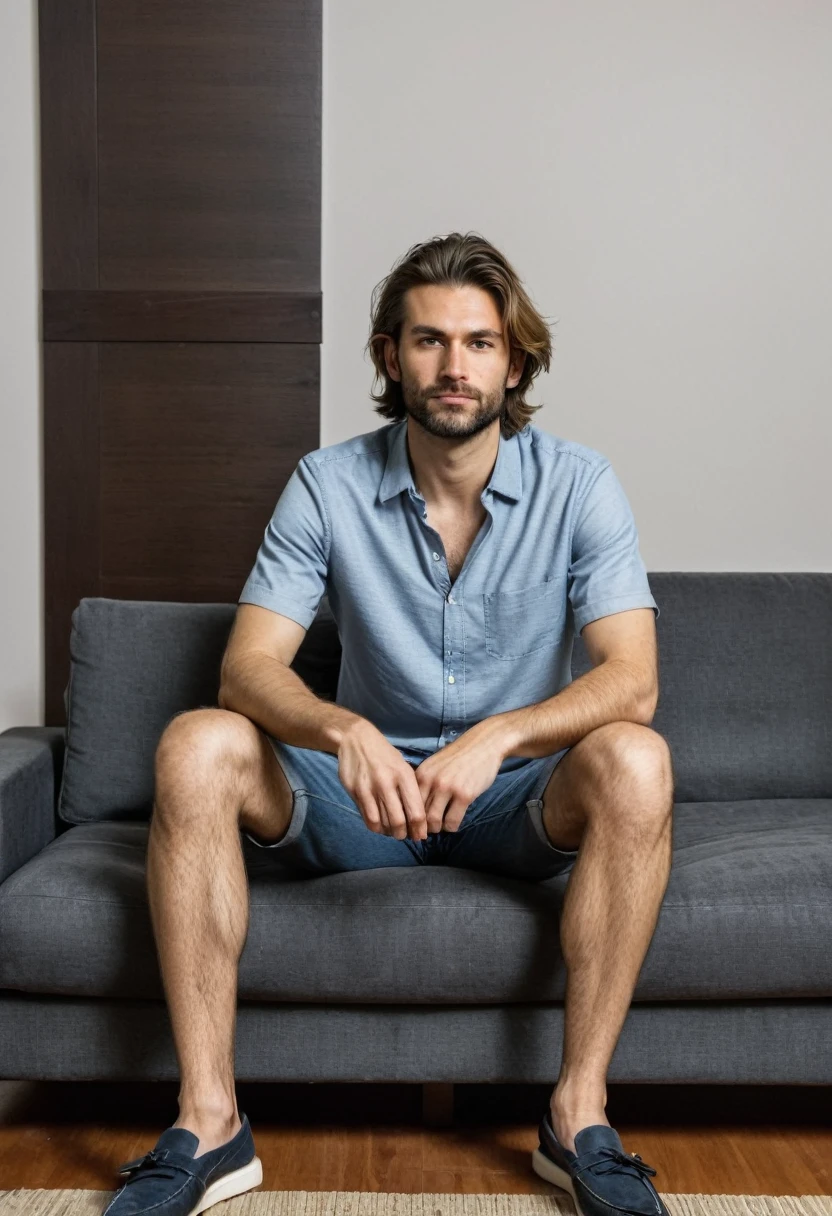 RAW photo, full body, 30-year-old man, casual, sitting on the guest sofa, looking towards the viewer, wearing shoes, straight forward position, in front of the point of view, neat hair, 