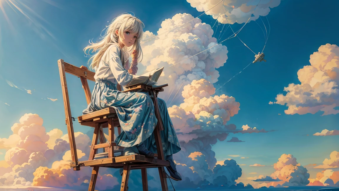 a painting with the theme "Creativity in the Clouds", in a magical realistic style, Drawing of a girl sitting on a white chair, drawing on an easel, The whale emerges from the two-dimensional painting and becomes part of the space three-dimensional space, blue sky, pastel colors, soft space, floating cloud details, surrounded by falling white paper winches, sunlight, perfect composition, anime, 8k