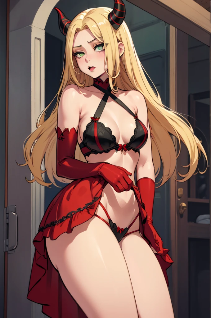 cute young girl with slender body and Gray-green eyes, long blonde hair and small red horns on the head, black lips, thick ass and legs, flat breast, flat tits, black butterfly on the neck, red bra with a white insert, long red silk gloves, long red silk stockings, red panties with a white insert, only one character