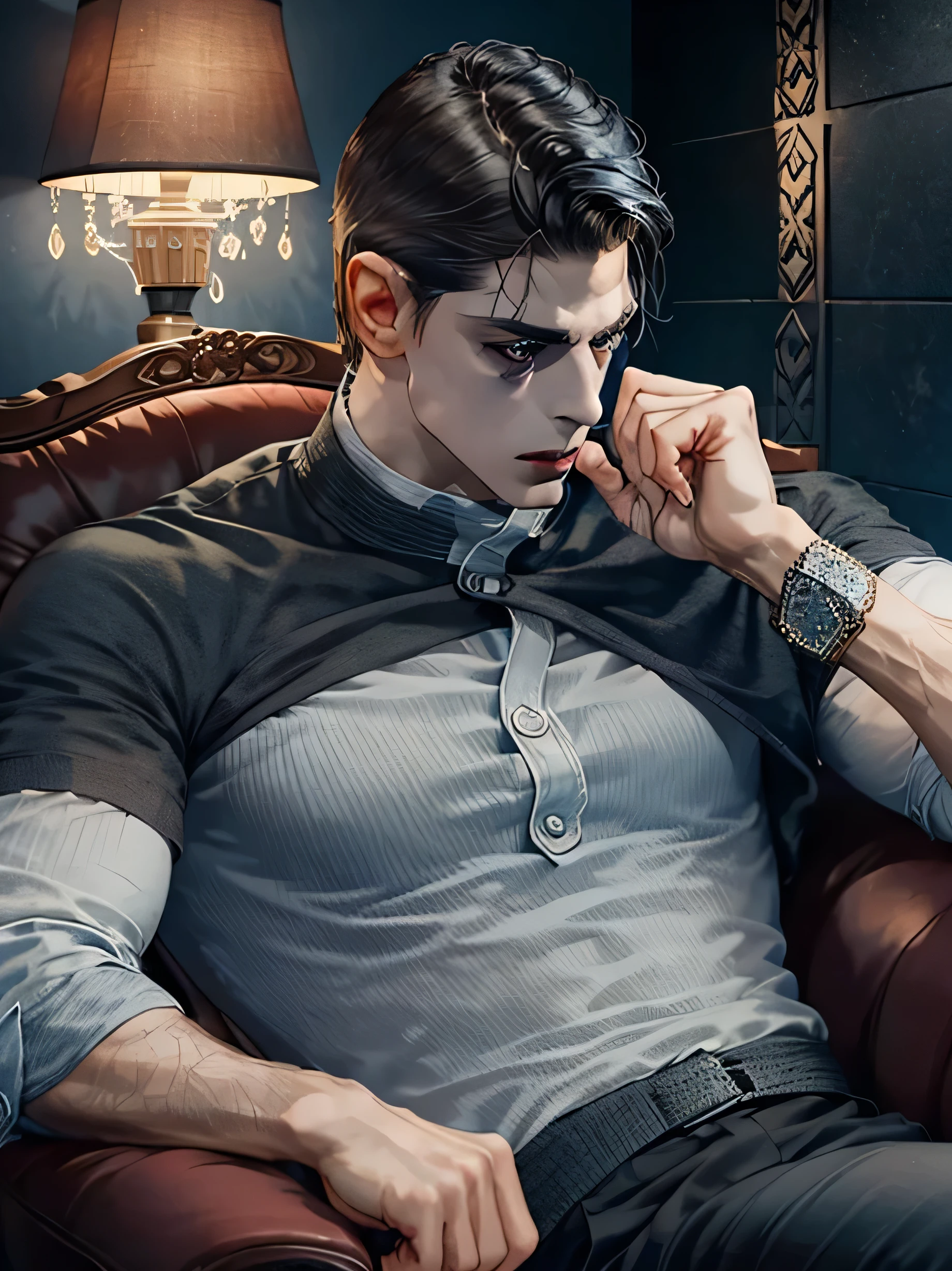  A tall, muscular man in his early 30s with a stern face and a deep scar running from his left eyebrow to his cheek. He has short, salt-and-pepper hair and piercing blue eyes. He exudes confidence and authority. Sitting back in a plush, dark leather armchair in a club. His posture is relaxed yet commanding. One arm rests on the armrest. The other hand holds a crystal glass of vodka.