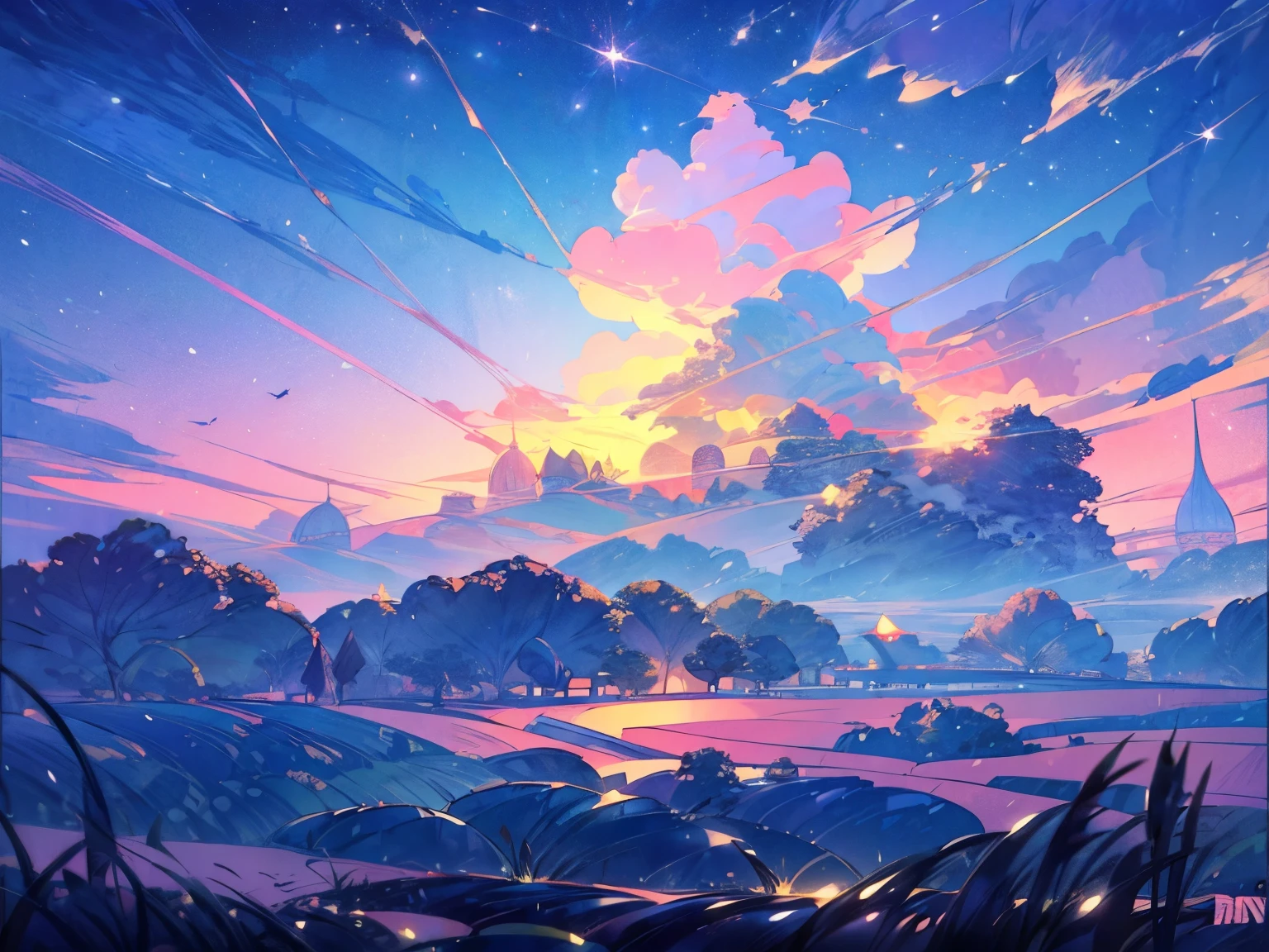 a serene landscape with a pink and blue sky, cute and whimsical in style, reminiscent of the works of Studio Ghibli, with a starry night sky overhead, highly detailed, 4k, masterpiece, photorealistic, NOT HUMAN, pink atmosphere, field, cloud and star, very aesthetic, no humans, landscape, colorful, wallpaper, professional illustration, anime