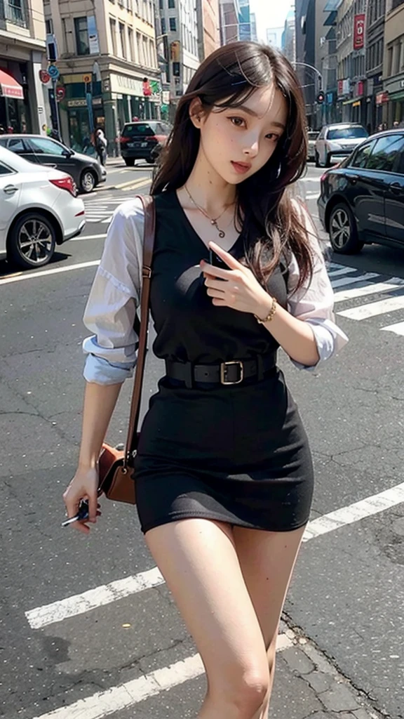 Beautiful woman, fiddling with cell phone in the middle of the street, short clothes