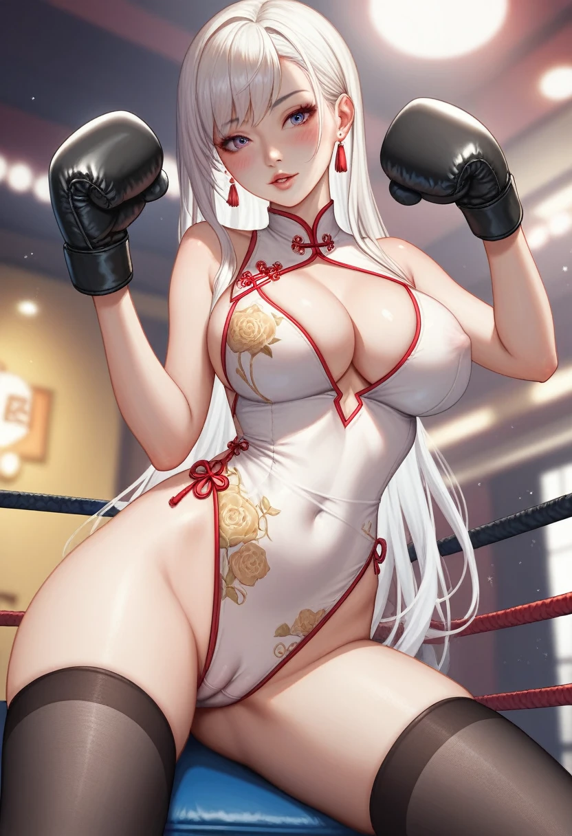 A slim Korean beauty,，Good shape，Pretty Face，detailed picture, blush，White long hair, Wearing cheongsam, Wearing black tights, Wearing black UFC boxing gloves, Alone and riding on the opponent in a sexy position，Large Breasts,Cleavage,Thin legs，nipple，Camel toe