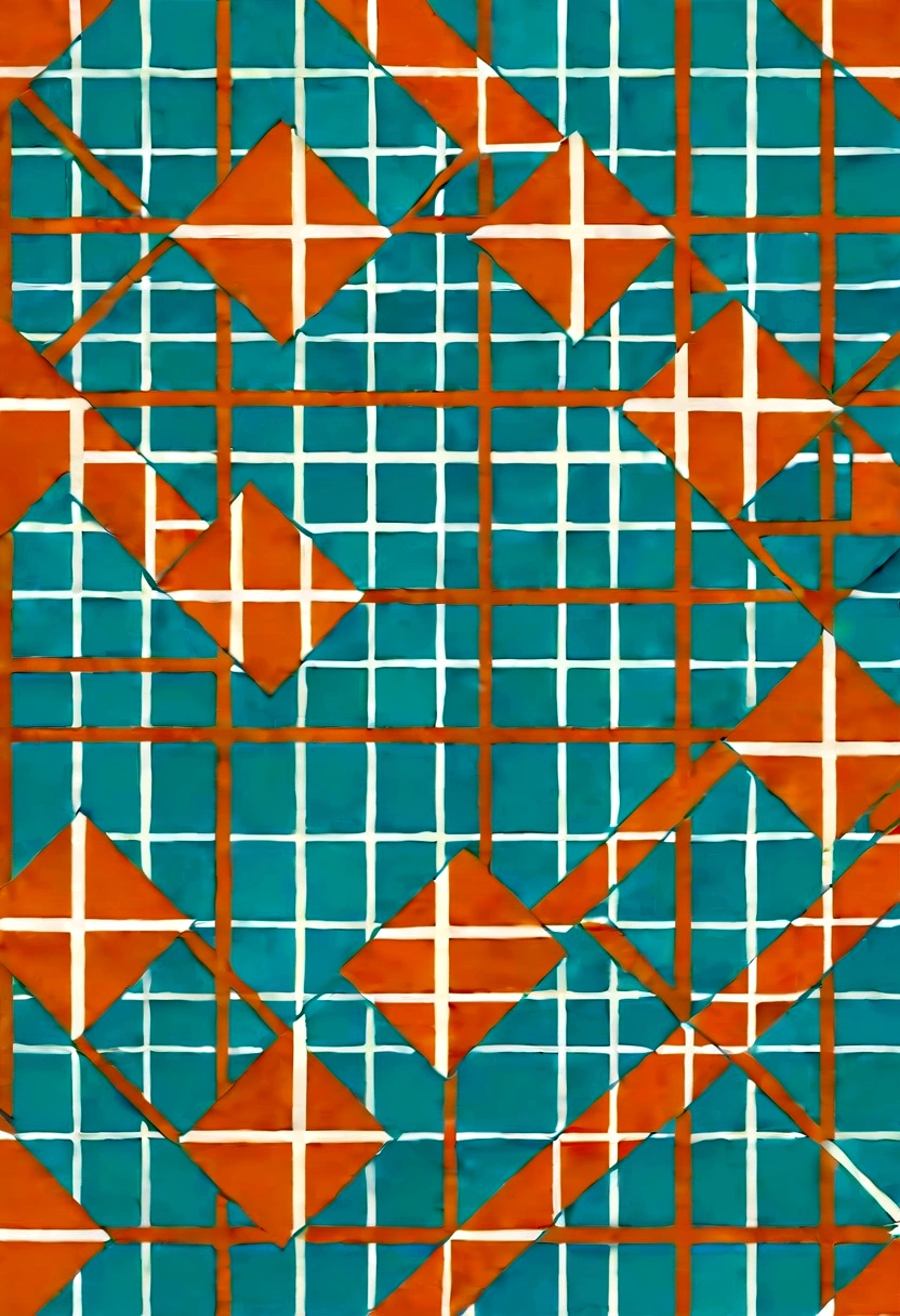 A beautifully detailed grid pattern, a stylish and simple , a handsome and seasonal mixed design, vivid shadows and plaid patterns, inspired by Anita Malfatti, an elite and retro-style composition, a blend of cyan and orange tones, turquoise and orange accents, a 70s design aesthetic, pastel colors