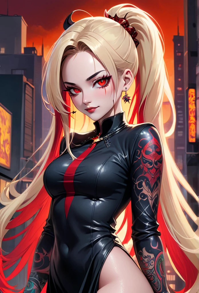 A striking female portrait featuring a woman with long, light blonde hair streaked with lots vibrant red highlights, creating a unique two-tone effect, long hair ponytail. Her large, piercing red and bloodshot eyes gaze intensely, adding an unsettling yet captivating presence. Dressed in formal attire, her body is adorned with numerous intricate tattoos, including a prominent moon design on her face. Fullbody shot, cowboy shot. The woman's symmetrical features and malevolent, wide grin convey a villainous, sinister demeanor, set against a dark, urban cityscape backdrop.