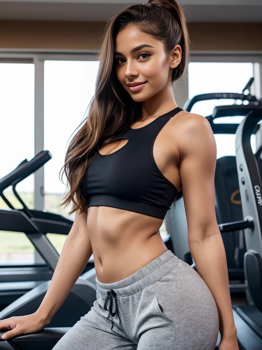 Instagram model ((full body)). (best quality,4k,8k,highres,masterpiece:1.2),ultra-detailed,realistic,photorealistic:1.37, beautiful detailed eyes, beautiful detailed lips, extremely detailed face, long eyelashes, intimate view, soft lighting, vibrant colors, warm tones, atmosphere, beautiful 28 year old Brazilian woman, Shapely and juicy body, timid expression, long hair, light brown hair colour, flawless skin texture, smile face, high ponytail, wearing sports bra and Sweatpants, in the gym , {{{Front POV}}}.