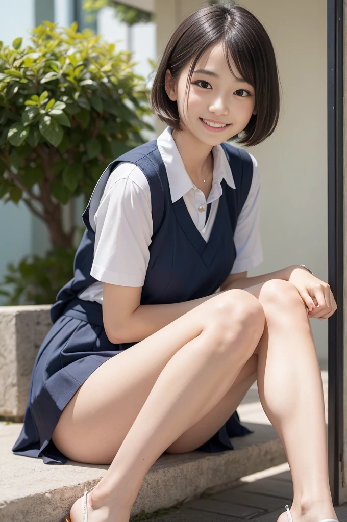 Pure Japanese school girl, sexual attractive, outstanding body, beautiful legs, shiny white skin, wearing loose uniform, panty, natural short hairstyles, sweet smile, sitting, refreshing in early summer morning, composition from the front, 