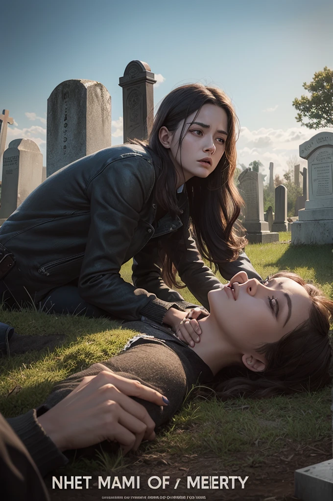 Almost realistic drawing for a film poster with seven dead people in front of a cemetery