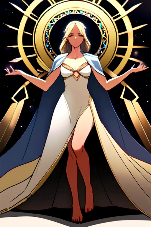 A warrior girl in an apocalyptic world that has become a technocracy. She believes in God and the Stars, she is dressed in a tunic that covers her from shoulders to bare feet. She's humble, the dress Is a bit damaged but really elegant. She looks like a goddess, but She Is deeply human, she is poor but has strong arms and legs and very feminine breasts, like Venus. She comes from Siberia but also has something of the Middle East. Olive skin but long blonde hair. She will save the world