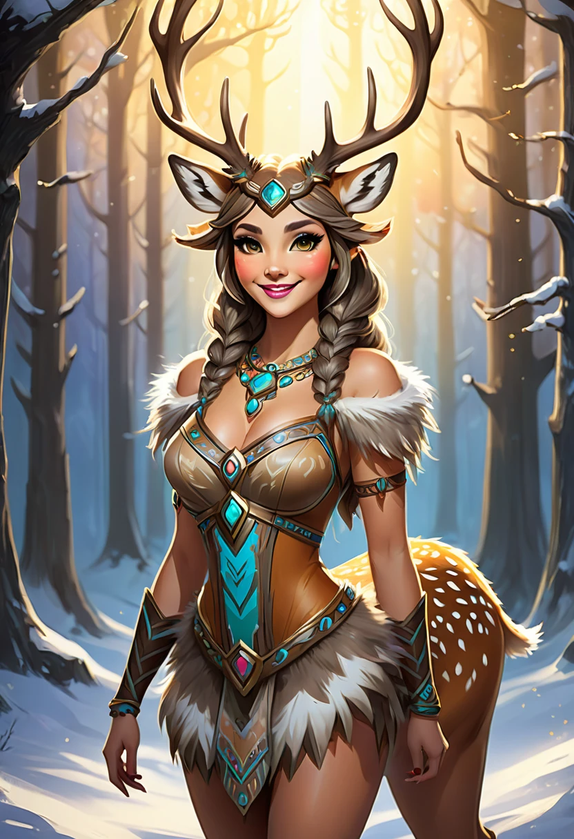 Create an illustrated, hand-drawn, full-color image of an anthropomorphic deer girl. The artwork should be rendered in the style of "Breath of the Wild," featuring warm lighting and shadows. Include graphite shading, stencil marks, and airbrushed acrylic paint effects. The image should be of the highest quality, a masterpiece with intricate details. The deer girl should have a female, humanoid, furry appearance with grey skin. She should have luscious lips, a wide smile, and bright, expressive eyes, exuding beauty, cuteness, and adorableness. Ensure the image is high resolution and sharply detailed, with a detailed and vibrant background. Incorporate mystical lighting in the background, creating a romantic and enchanting atmosphere.