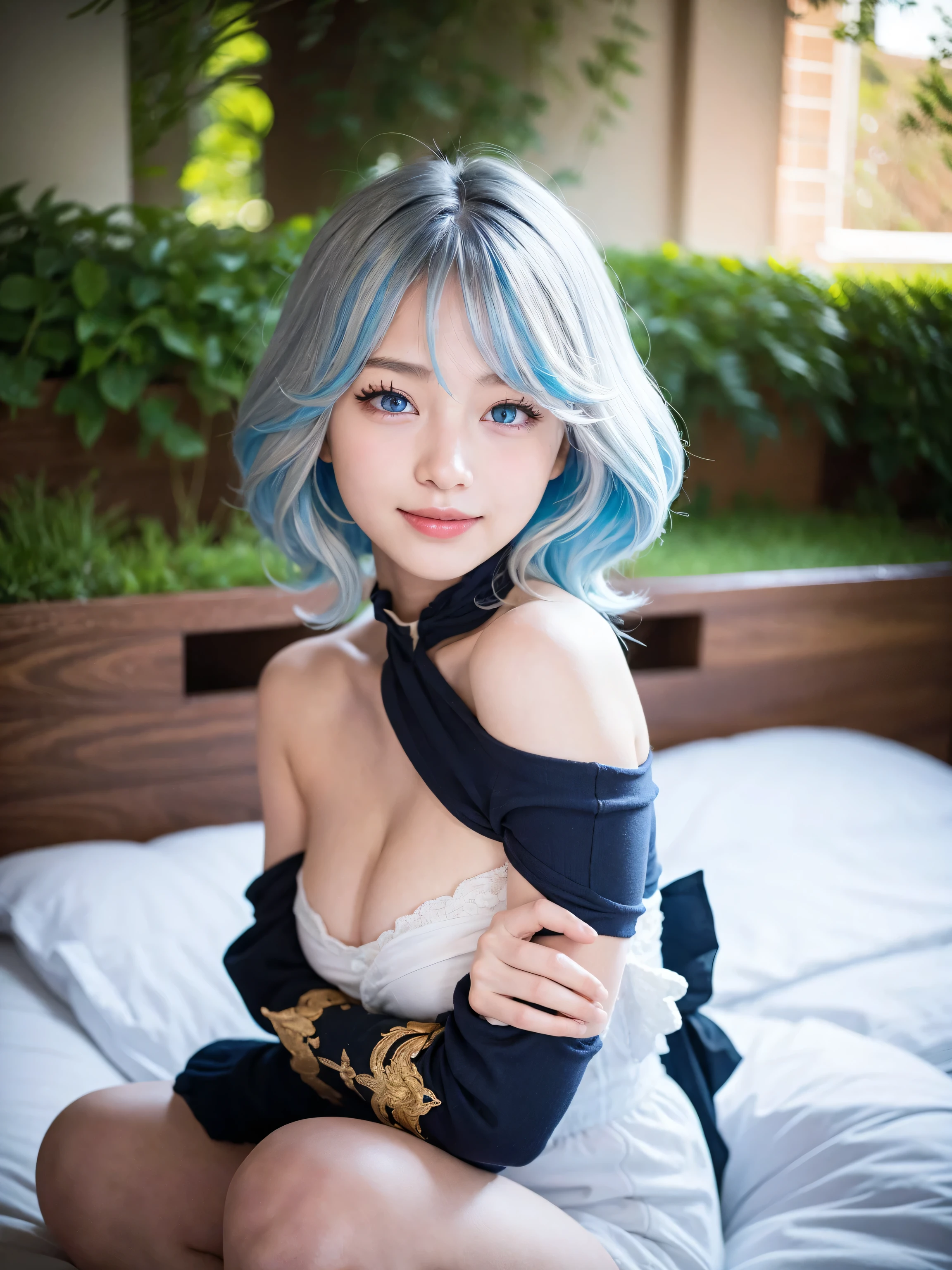Furina from Genshin Impact, 18 years old girl, (Raw photo, Best Quality), (Realistic, Photorealsitic:1.3), masterpiece, Extremely delicate and beautiful, Soft light, (beautiful white and blue hair, Shoulder-length straight hair swaying in the wind), Beautiful detailed girl, (Detailed fingers), extremely detailed eye and face, beautiful detailed nose, Beautiful detailed eyes, 1 girl, Japanese, Neat and clean beauty, Cute, young, (big breasts), Realistic face, Realistic body, cute smile, full body view, sitting on the bed