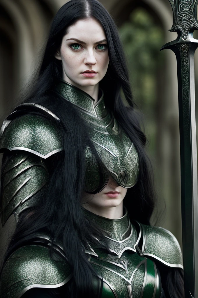 ((female, long black hair, green eyes, pale skin, elden ring aura, steel armor, intimidating look, elden ring type, sword in hand, detailed))