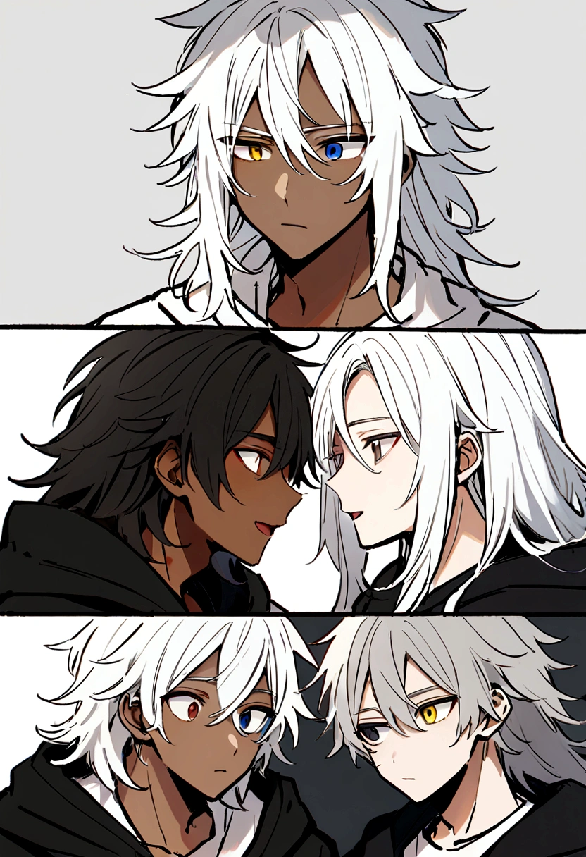 white shirt, wearing a black hoodie , yellow and black eyes heterochromia, expression of surprise, Messy hair , Medium length hair , 1 men , multicolored black and white hair , two tone hair , dark skin color , with a white wolf , the two staring at each other and just the wolf and the character, no one else