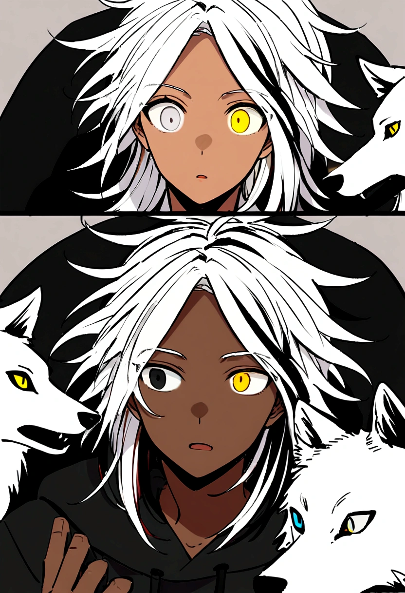 white shirt, wearing a black hoodie , yellow and black eyes heterochromia, expression of surprise, Messy hair , Medium length hair , 1 men , multicolored black and white hair , two tone hair , dark skin color , with a white wolf , the two staring at each other and just the wolf and the character, no one else