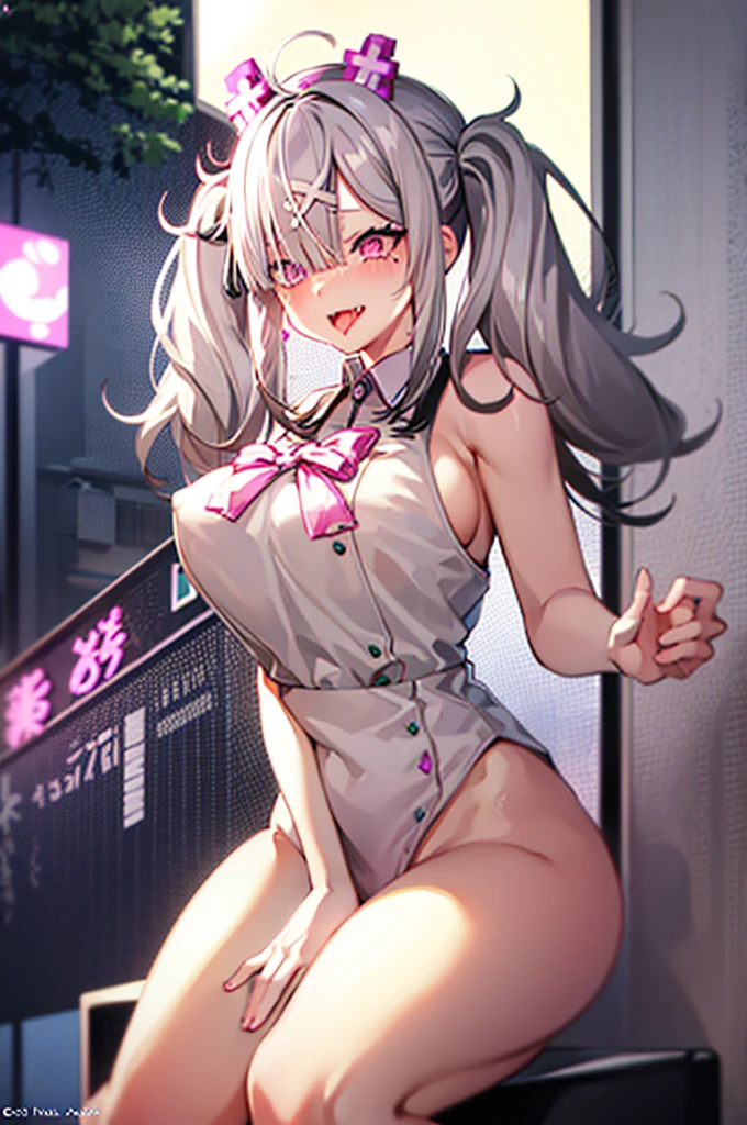 Kenya Hana(nijisanji),Twin tail hair,Gray Hair,Pink Eyes,White hair ornament, Curvy, Excited, Sticking out tongue,Large Breasts,Nipples,Nipplesピアス,Sit down and spread your legs,pussy spread,Ahegao,tears,handcuffs,first round,Dripping love juice,high resolution