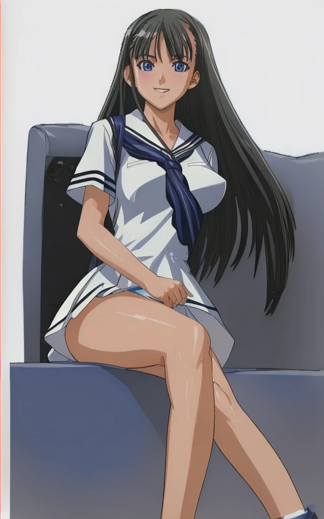 Mizushima Asa, who has big breasts and beautiful legs, is wearing a miniskirt uniform and her light blue and blue striped panties are visible. She is sitting on a chair with her legs spread wide and smiling.。