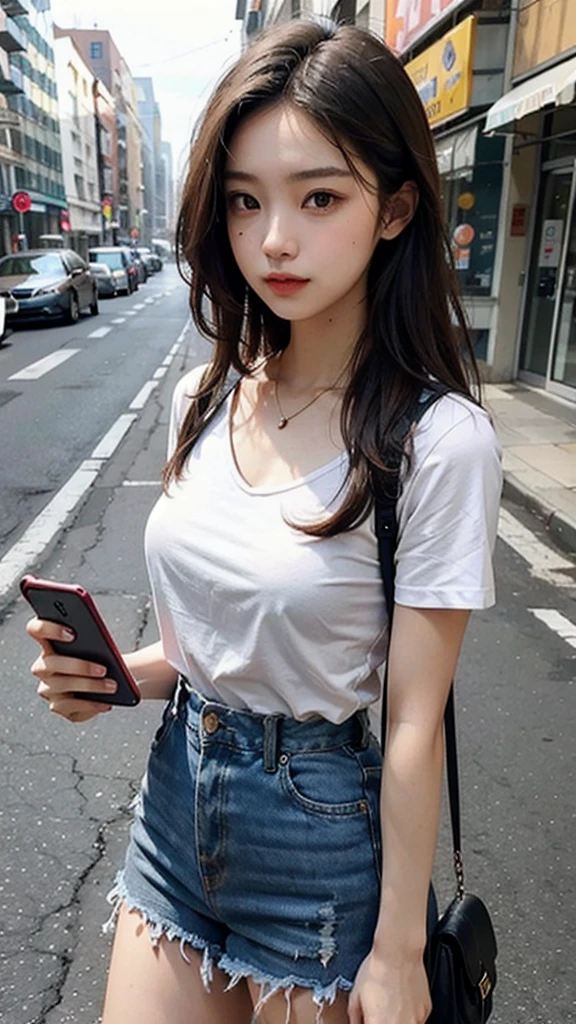 Beautiful woman, fiddling with cell phone in the middle of the street, short clothes