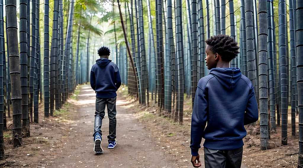 image of a black male ager, 12 years a cotton knit sweatshirt - dark gray long sleeves - no print - short curly hair - wears long pants - wears leather sandals - runs with his back to the camera alone inside the forest - a Blue morpho butterfly by his side - narrow path through the bamboo forest -