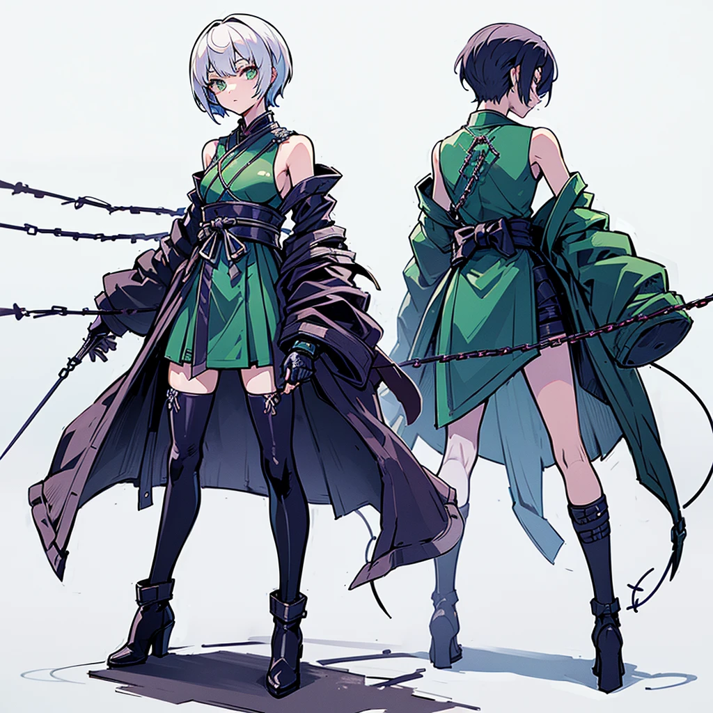 (Masterpiece, top quality), (detailed hair), super detailed, anime style, full body, solo, Cyberpunk ninja girl, medium short White hair, green eyes, wearing cyber kimono, feminine figure, holding chain kunai, chain wrapped rugged gauntlets, high heeled boots, standing wasteland, white background, whole body,